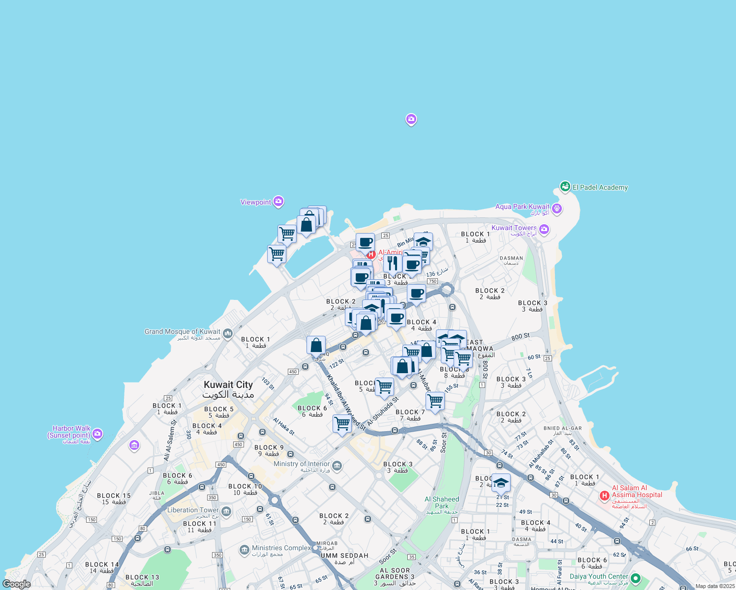map of restaurants, bars, coffee shops, grocery stores, and more near 12170 Abdulla Al Ahmad Street in Al Kuwayt