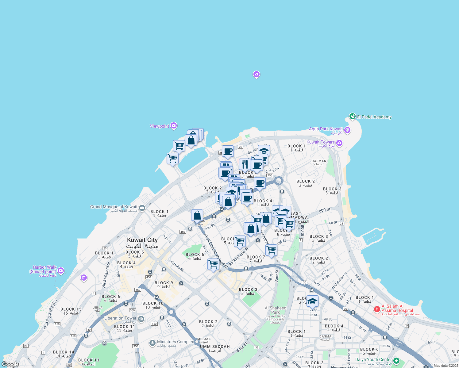 map of restaurants, bars, coffee shops, grocery stores, and more near 12170 Abdulla Al Ahmad Street in Al Kuwayt