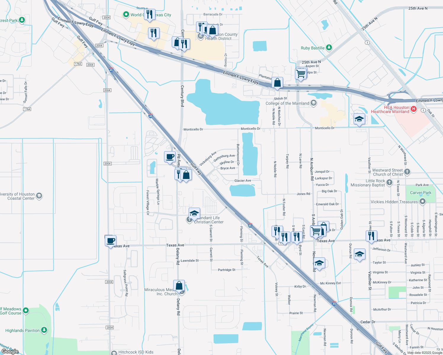 map of restaurants, bars, coffee shops, grocery stores, and more near 305 N Linden Dr in Texas City