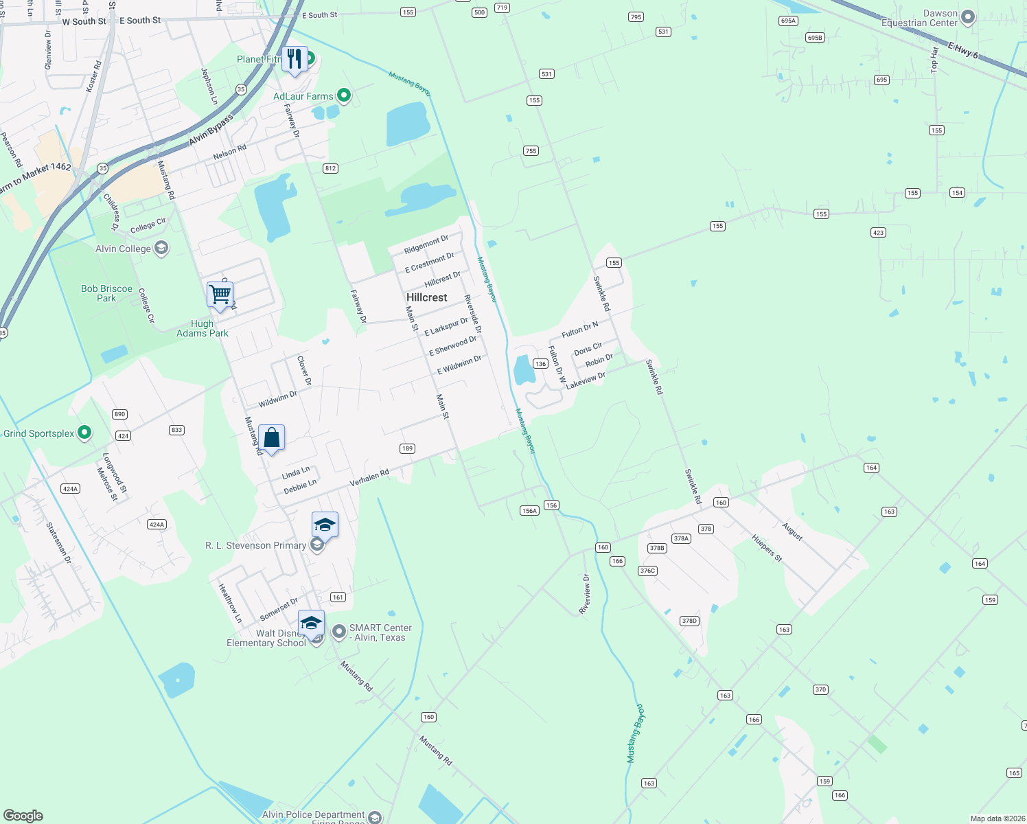 map of restaurants, bars, coffee shops, grocery stores, and more near 911 Riverside Dr in Alvin