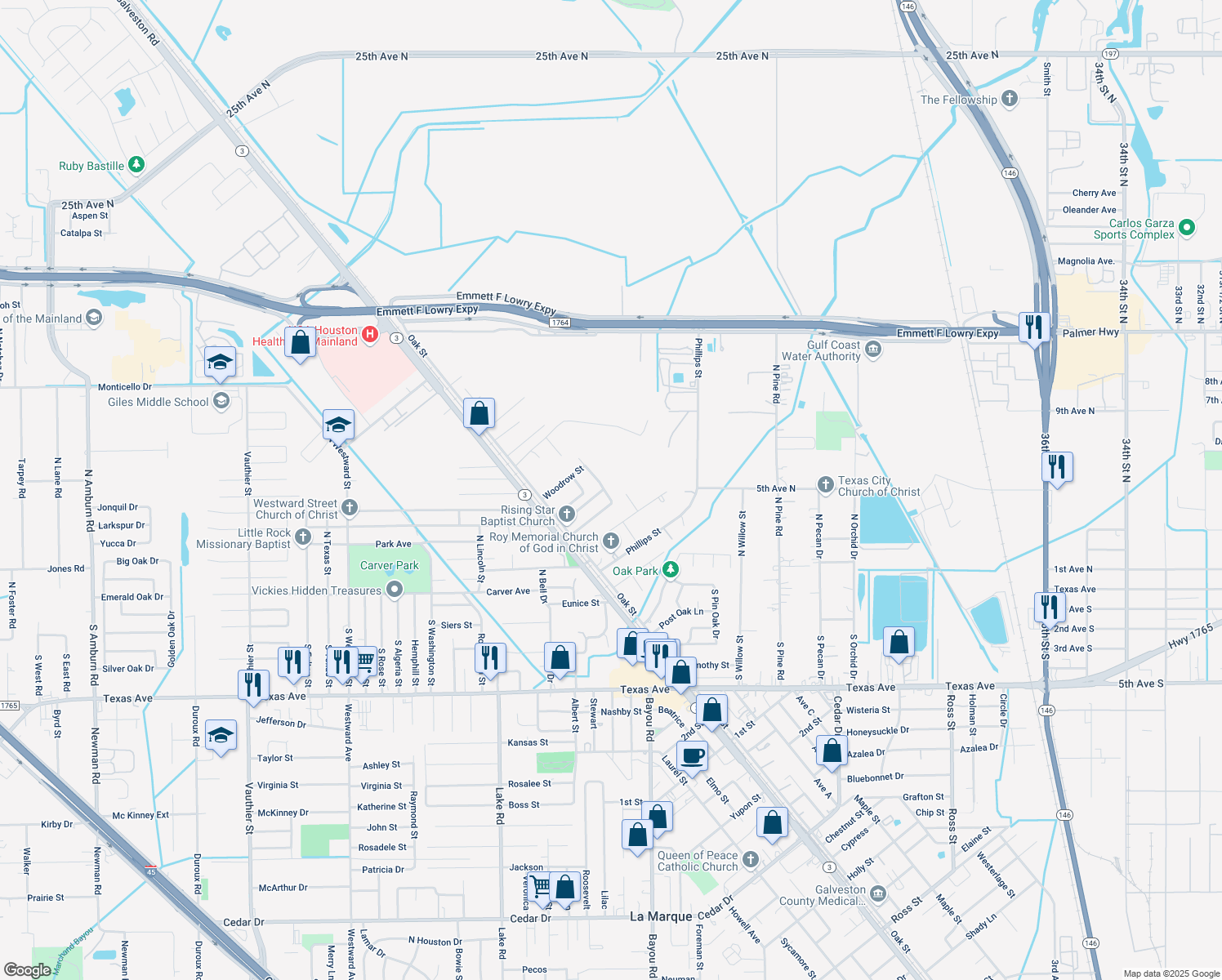 map of restaurants, bars, coffee shops, grocery stores, and more near 510 North Vionett Lane in Texas City