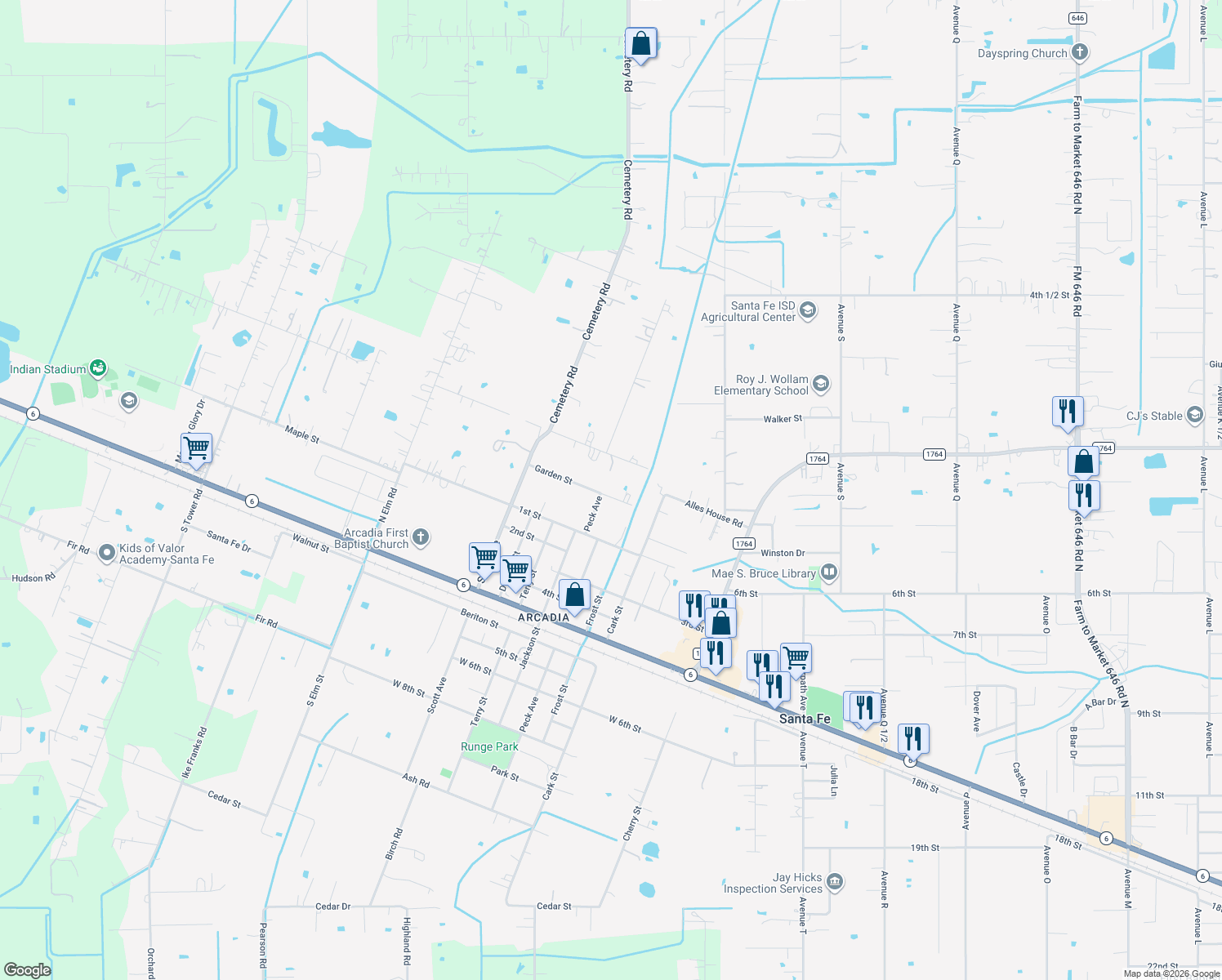 map of restaurants, bars, coffee shops, grocery stores, and more near 14308 Garden Street in Santa Fe