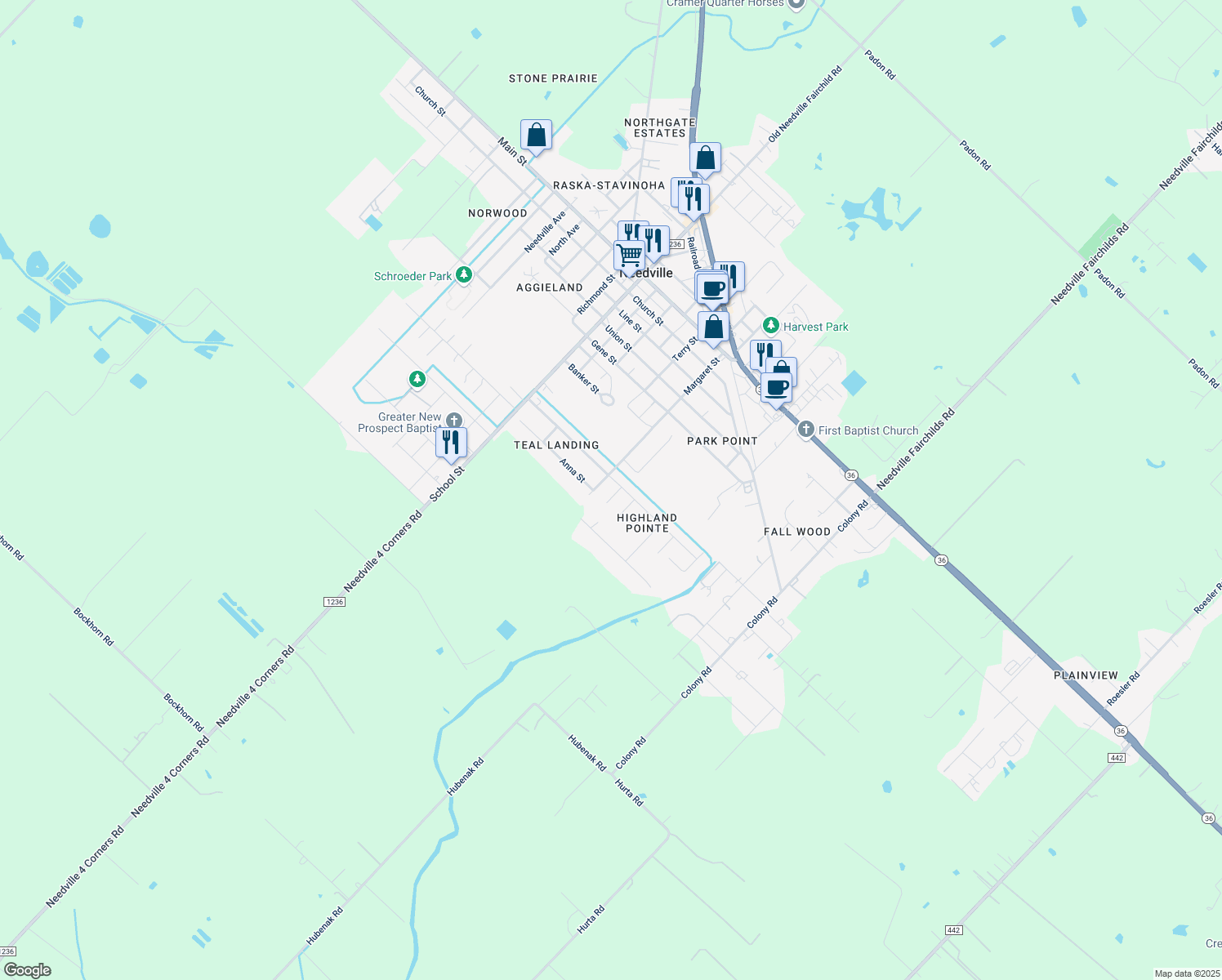 map of restaurants, bars, coffee shops, grocery stores, and more near 3806 Doveswood Cir in Needville