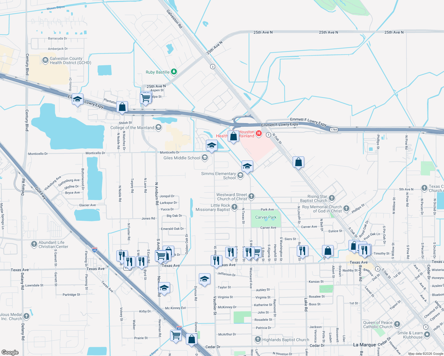 map of restaurants, bars, coffee shops, grocery stores, and more near 7222 Robin St in Texas City