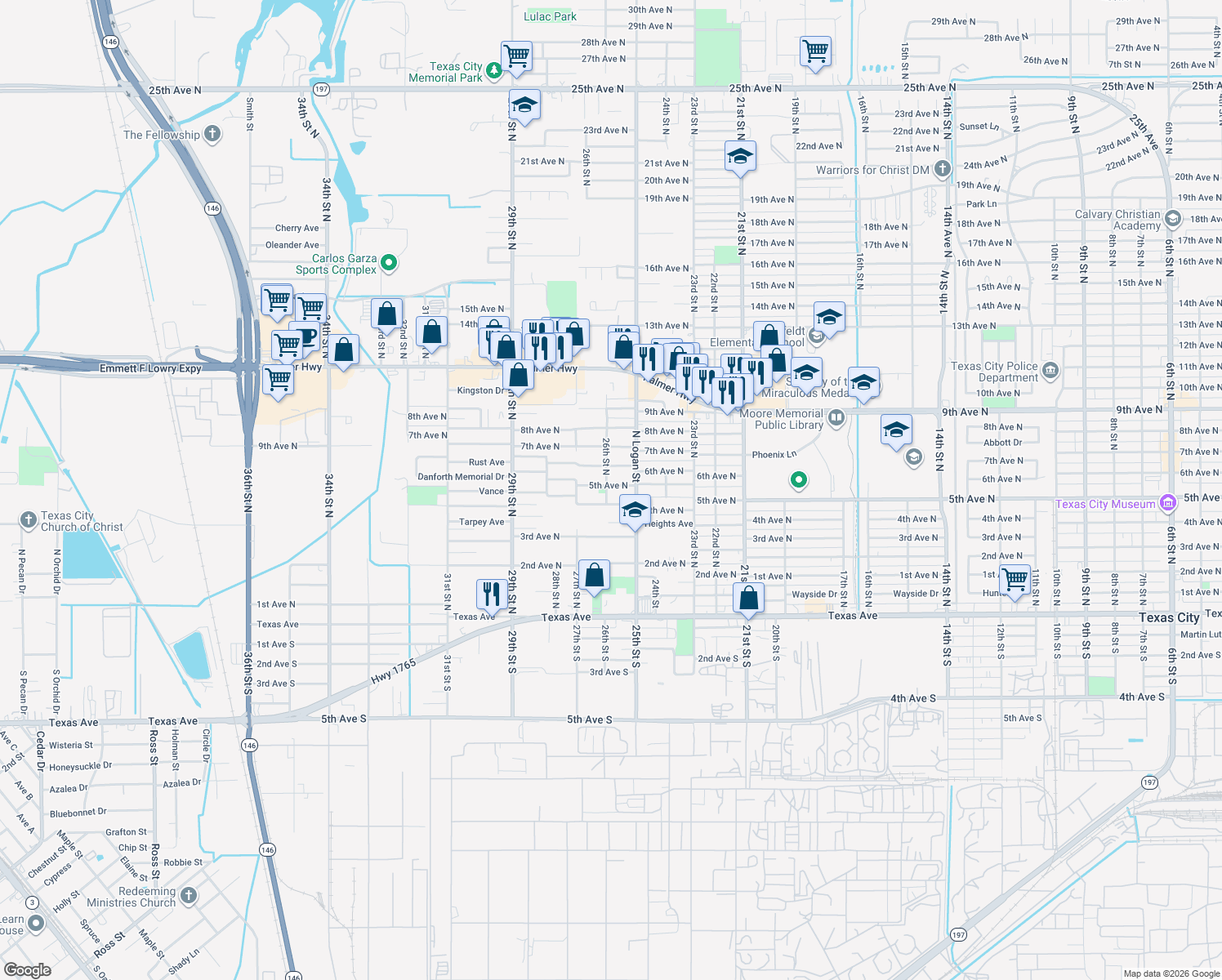 map of restaurants, bars, coffee shops, grocery stores, and more near 2533 5th Avenue North in Texas City