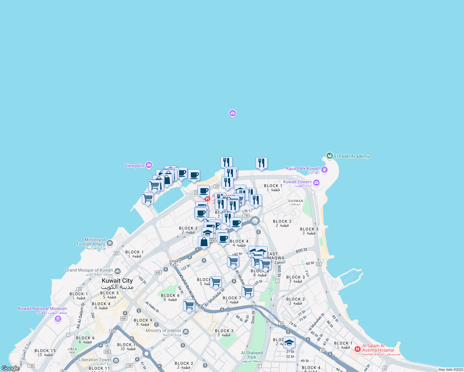 map of restaurants, bars, coffee shops, grocery stores, and more near Arabian Gulf Street in Kuwait City
