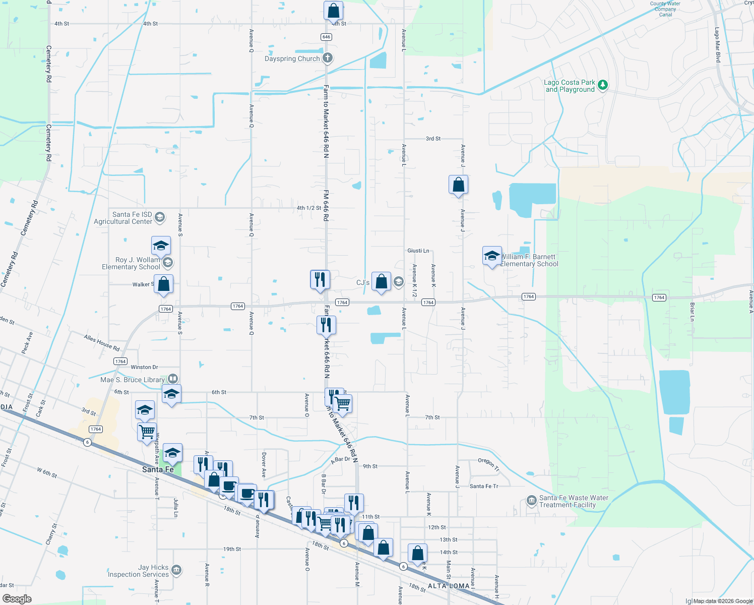 map of restaurants, bars, coffee shops, grocery stores, and more near 12330 Farm to Market Road 1764 in Santa Fe