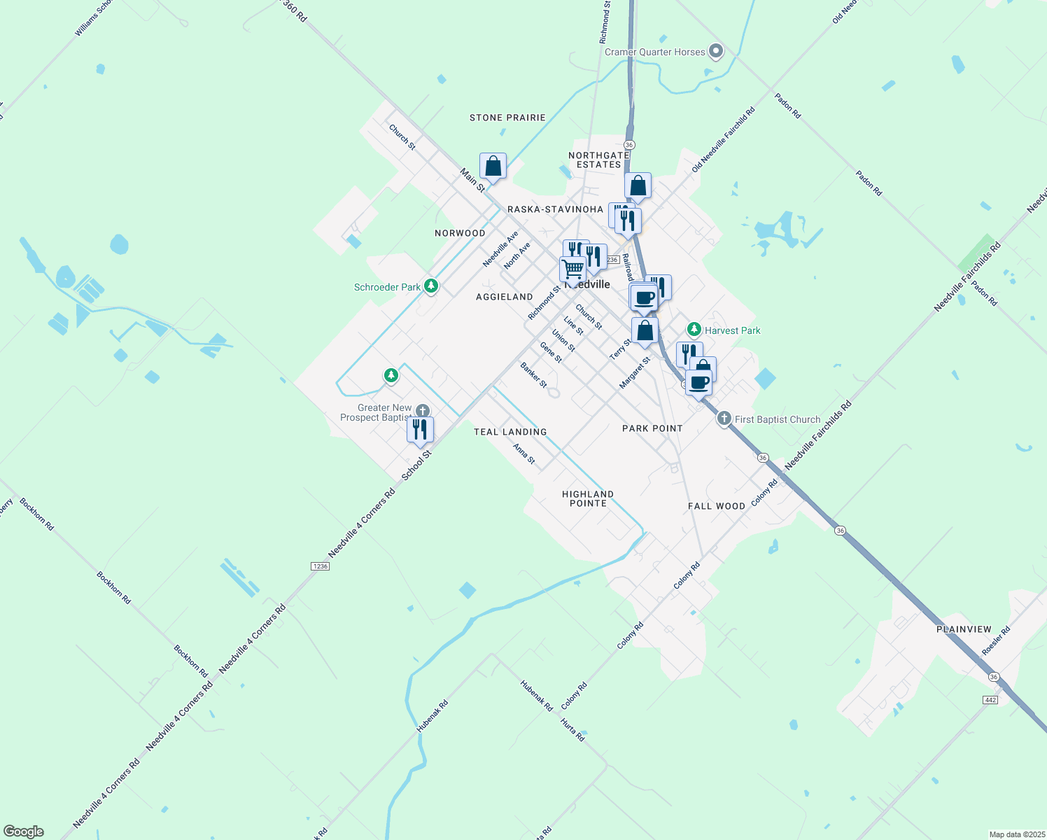 map of restaurants, bars, coffee shops, grocery stores, and more near 9209 Kostelnik Street in Needville