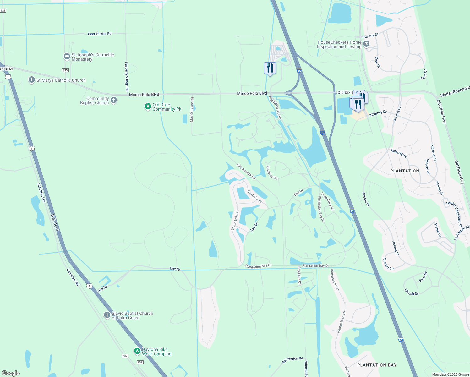 map of restaurants, bars, coffee shops, grocery stores, and more near 1028 Stone Lake Drive in Ormond Beach