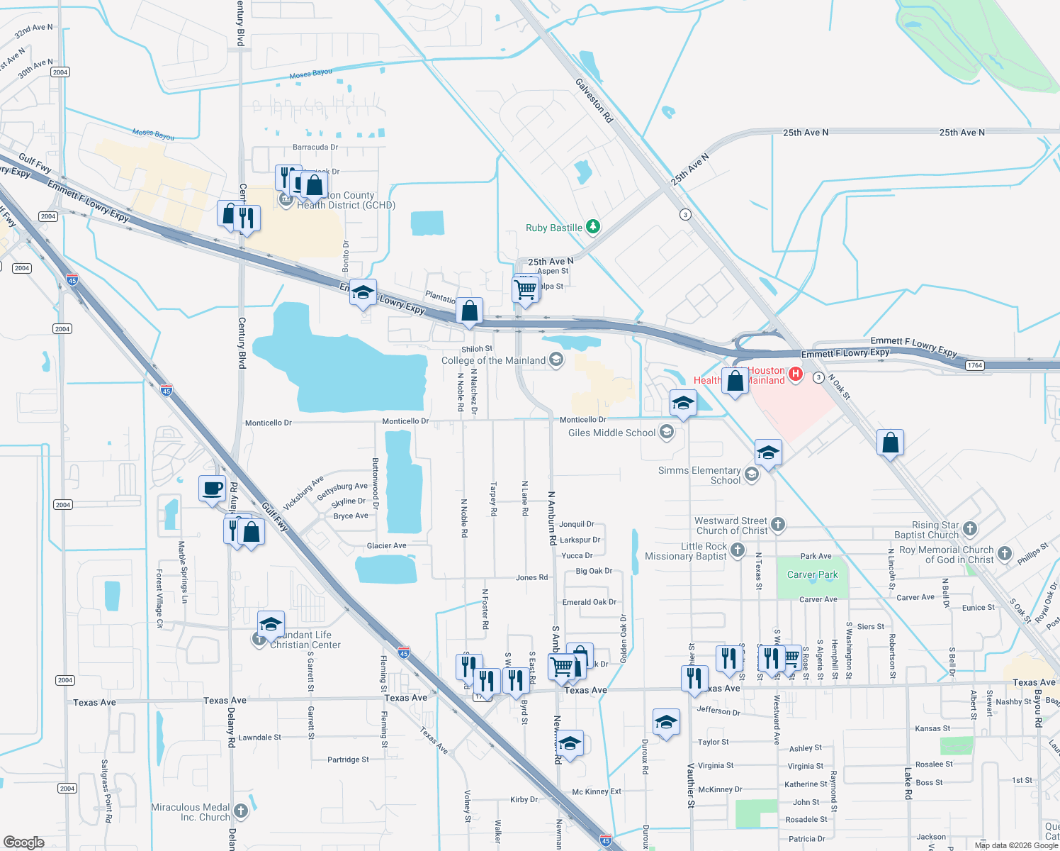 map of restaurants, bars, coffee shops, grocery stores, and more near 918 Lane Road in Texas City