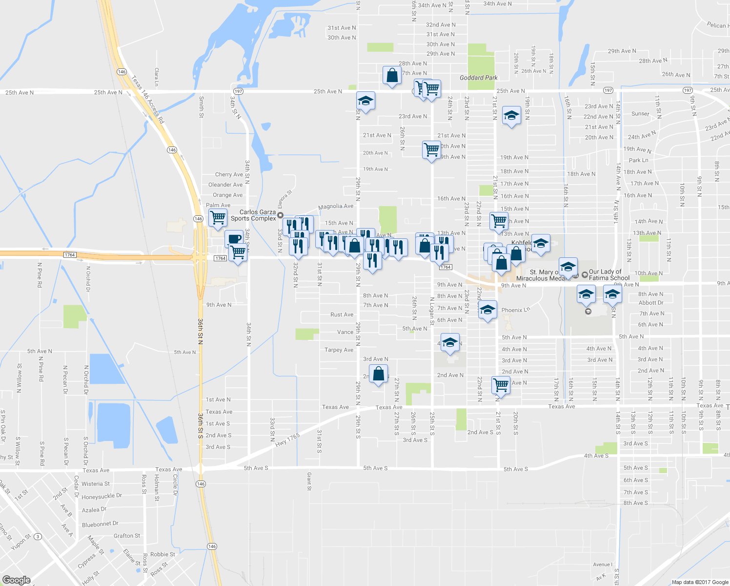 map of restaurants, bars, coffee shops, grocery stores, and more near 2822 8th Avenue North in Texas City