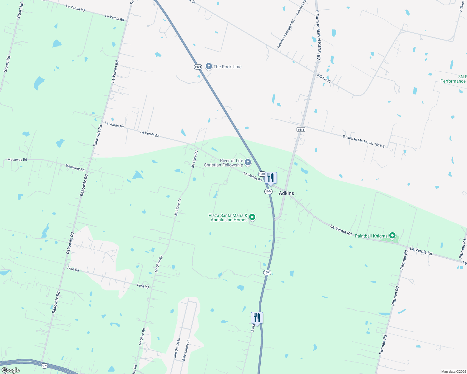 map of restaurants, bars, coffee shops, grocery stores, and more near 12296 La Vernia Road in Adkins