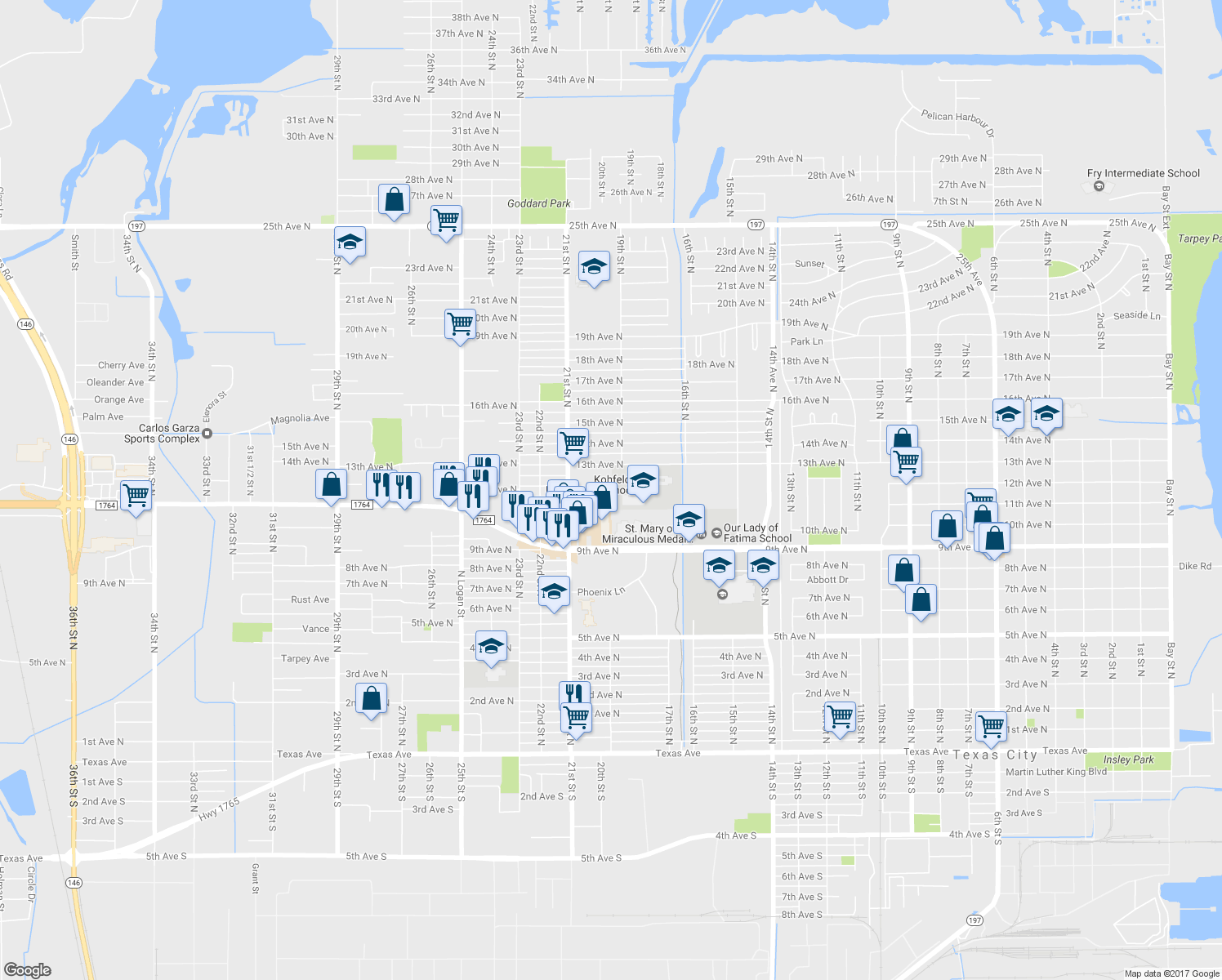 map of restaurants, bars, coffee shops, grocery stores, and more near 1104 20th Street North in Texas City