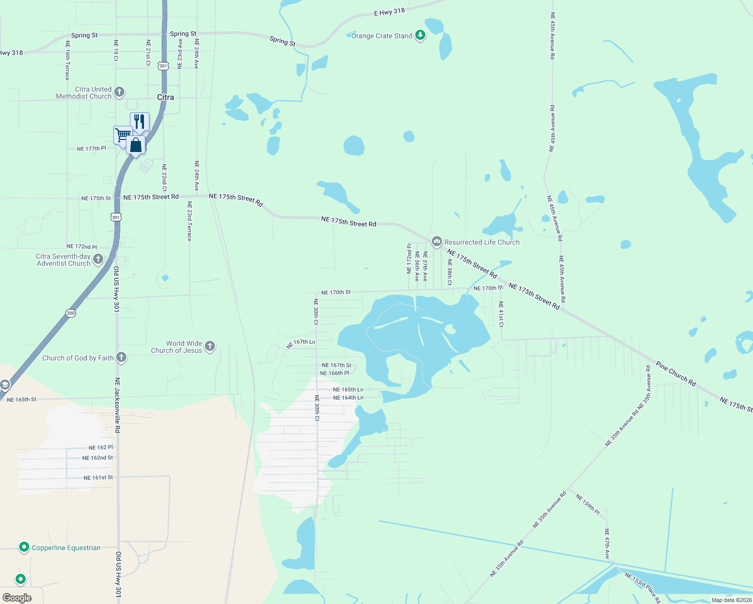 map of restaurants, bars, coffee shops, grocery stores, and more near 16935 Northeast 34th Court in Citra
