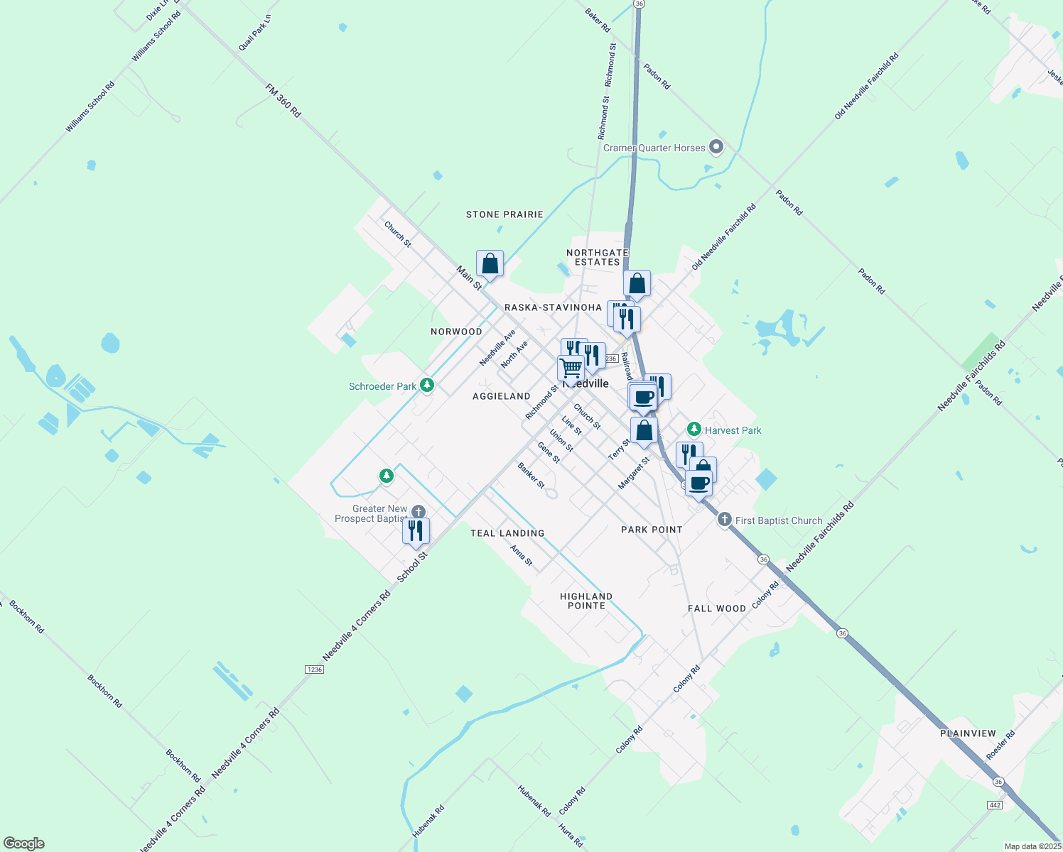 map of restaurants, bars, coffee shops, grocery stores, and more near 3426 School St in Needville