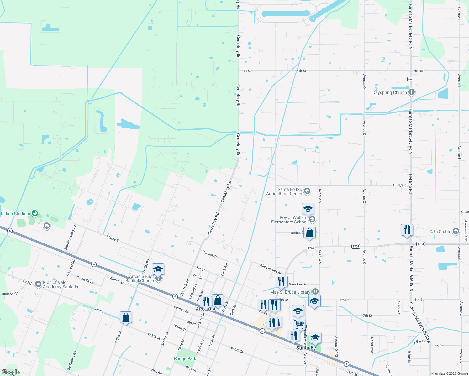 map of restaurants, bars, coffee shops, grocery stores, and more near 3123 Cemetery Road in Santa Fe