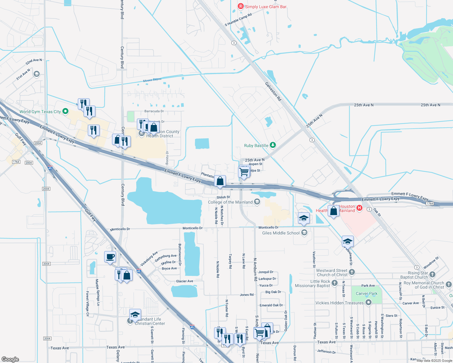map of restaurants, bars, coffee shops, grocery stores, and more near 1601 Crestwood Court in Texas City