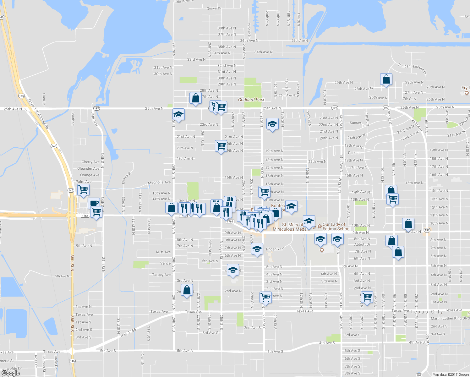 map of restaurants, bars, coffee shops, grocery stores, and more near 2320 14th Avenue North in Texas City
