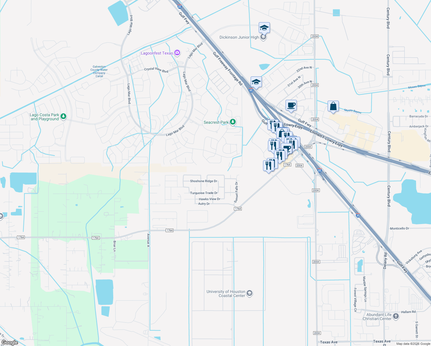 map of restaurants, bars, coffee shops, grocery stores, and more near 218 Splintered Arrow Drive in La Marque