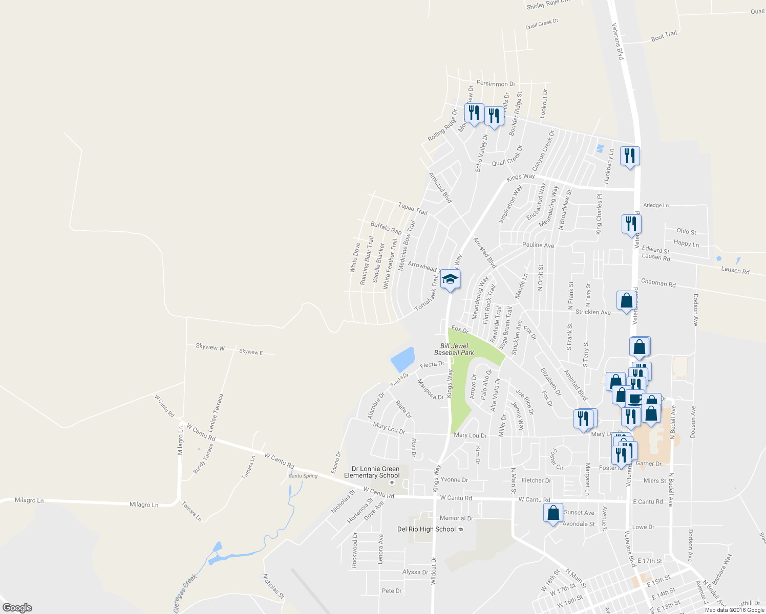 map of restaurants, bars, coffee shops, grocery stores, and more near 223 White Feather Trail in Del Rio