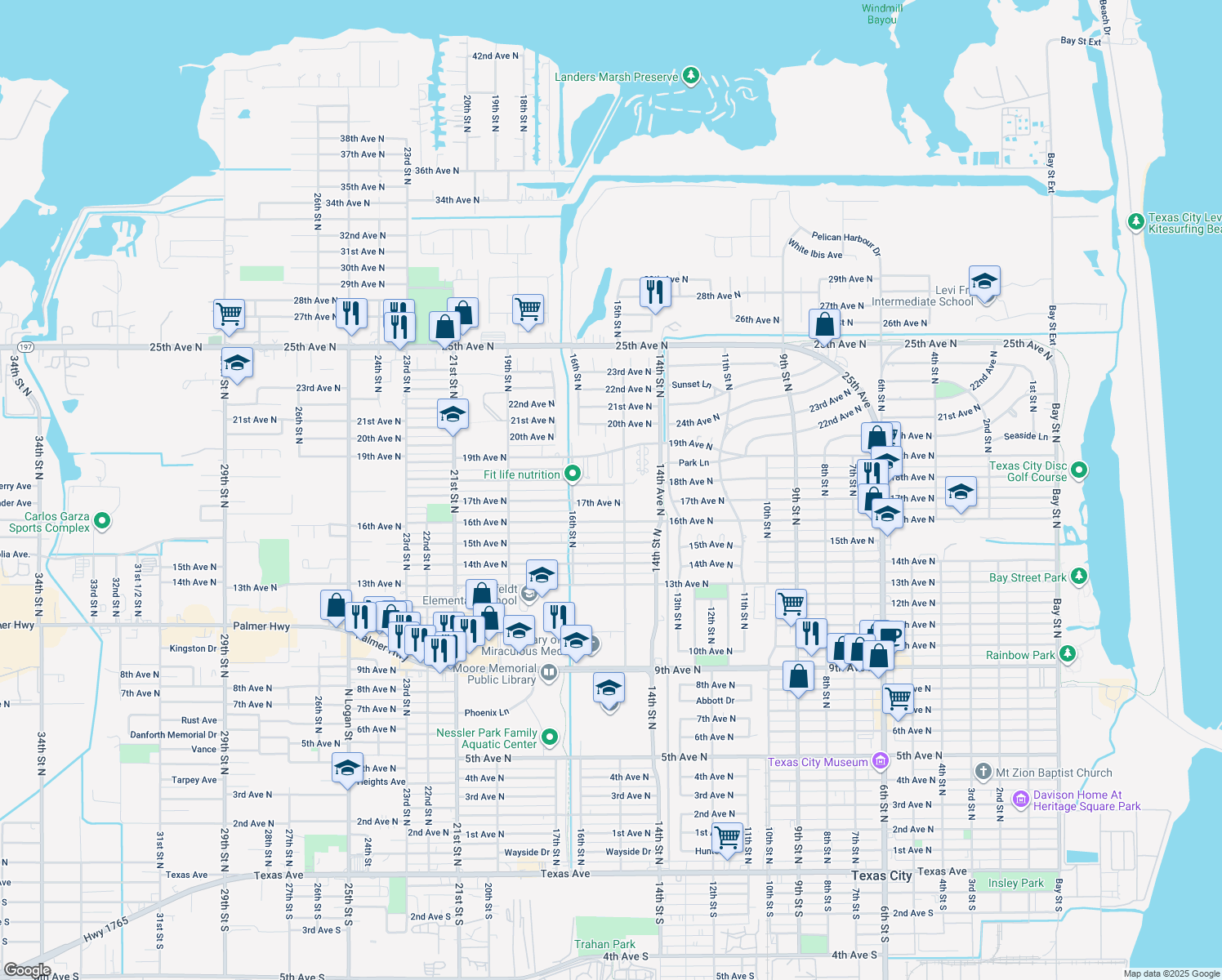 map of restaurants, bars, coffee shops, grocery stores, and more near 1507 18th Avenue North in Texas City