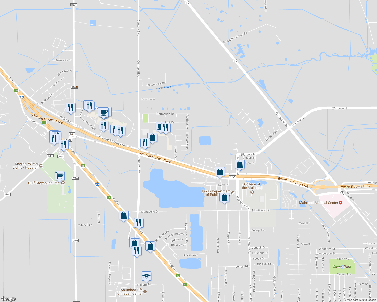 map of restaurants, bars, coffee shops, grocery stores, and more near 1904 Redfish Drive in Texas City