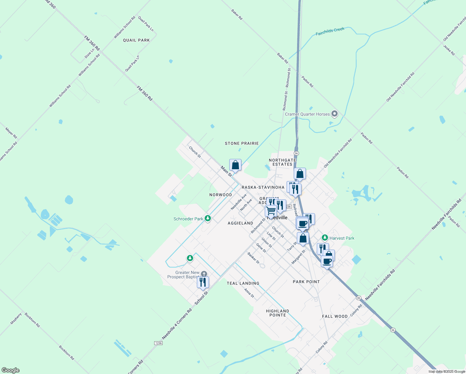 map of restaurants, bars, coffee shops, grocery stores, and more near 3215 Beasley Avenue in Needville