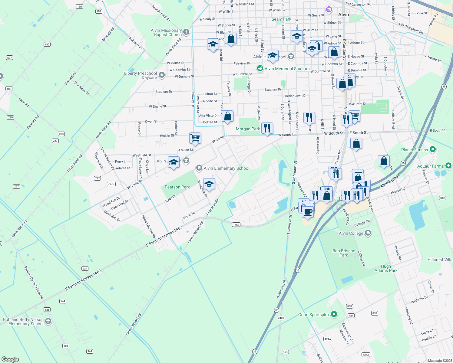 map of restaurants, bars, coffee shops, grocery stores, and more near 1904 Rosharon Road in Alvin