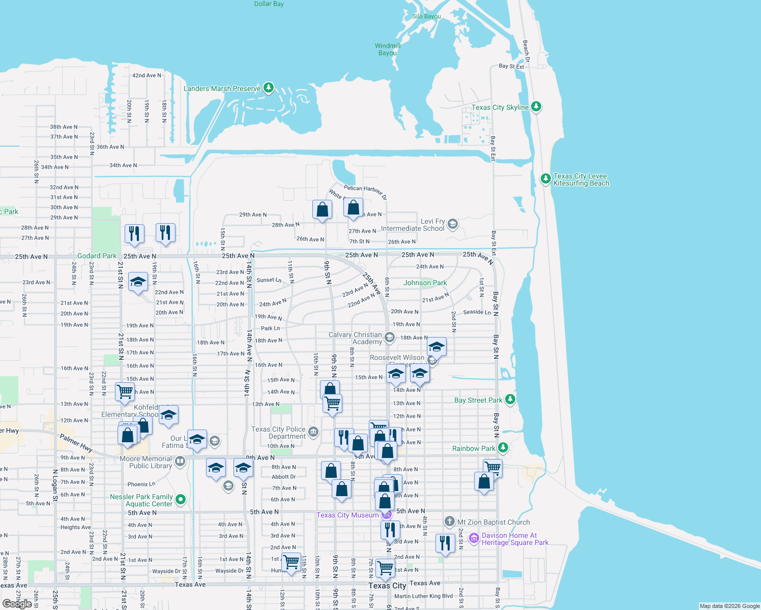 map of restaurants, bars, coffee shops, grocery stores, and more near 2013 6th Street North in Texas City