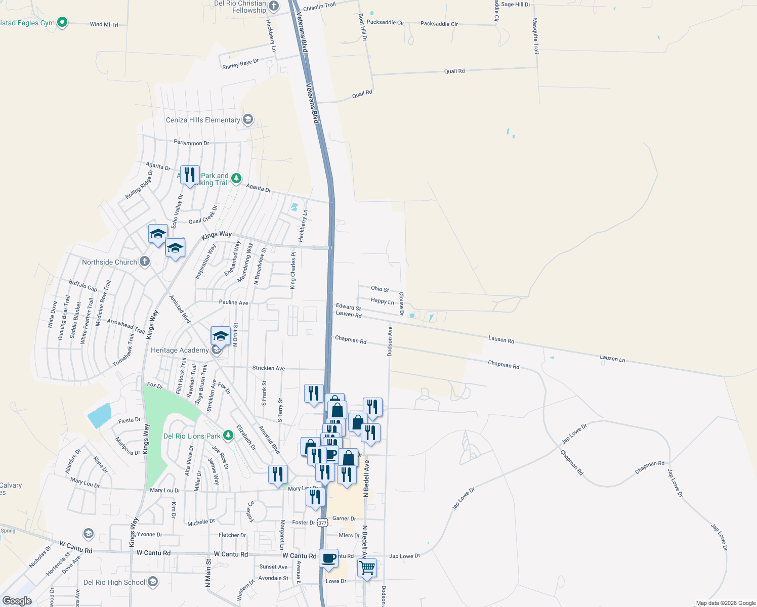 map of restaurants, bars, coffee shops, grocery stores, and more near 214 Happy Ln in Del Rio