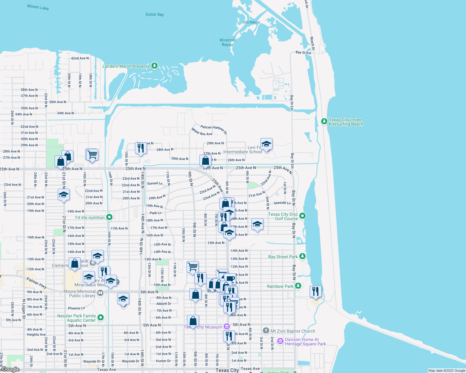 map of restaurants, bars, coffee shops, grocery stores, and more near 522 22nd Avenue North in Texas City