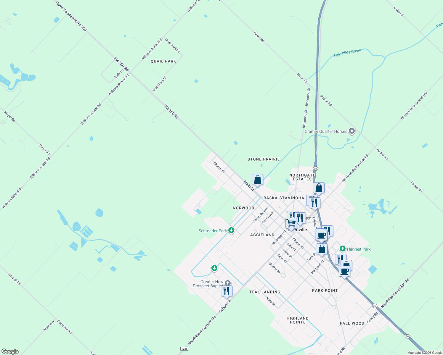 map of restaurants, bars, coffee shops, grocery stores, and more near 7907 Schendel Street in Needville