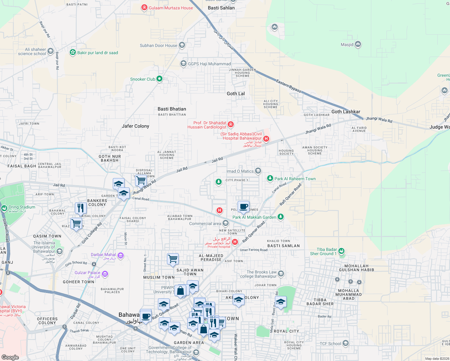 map of restaurants, bars, coffee shops, grocery stores, and more near Jhangi Wala Road in Bahawalpur