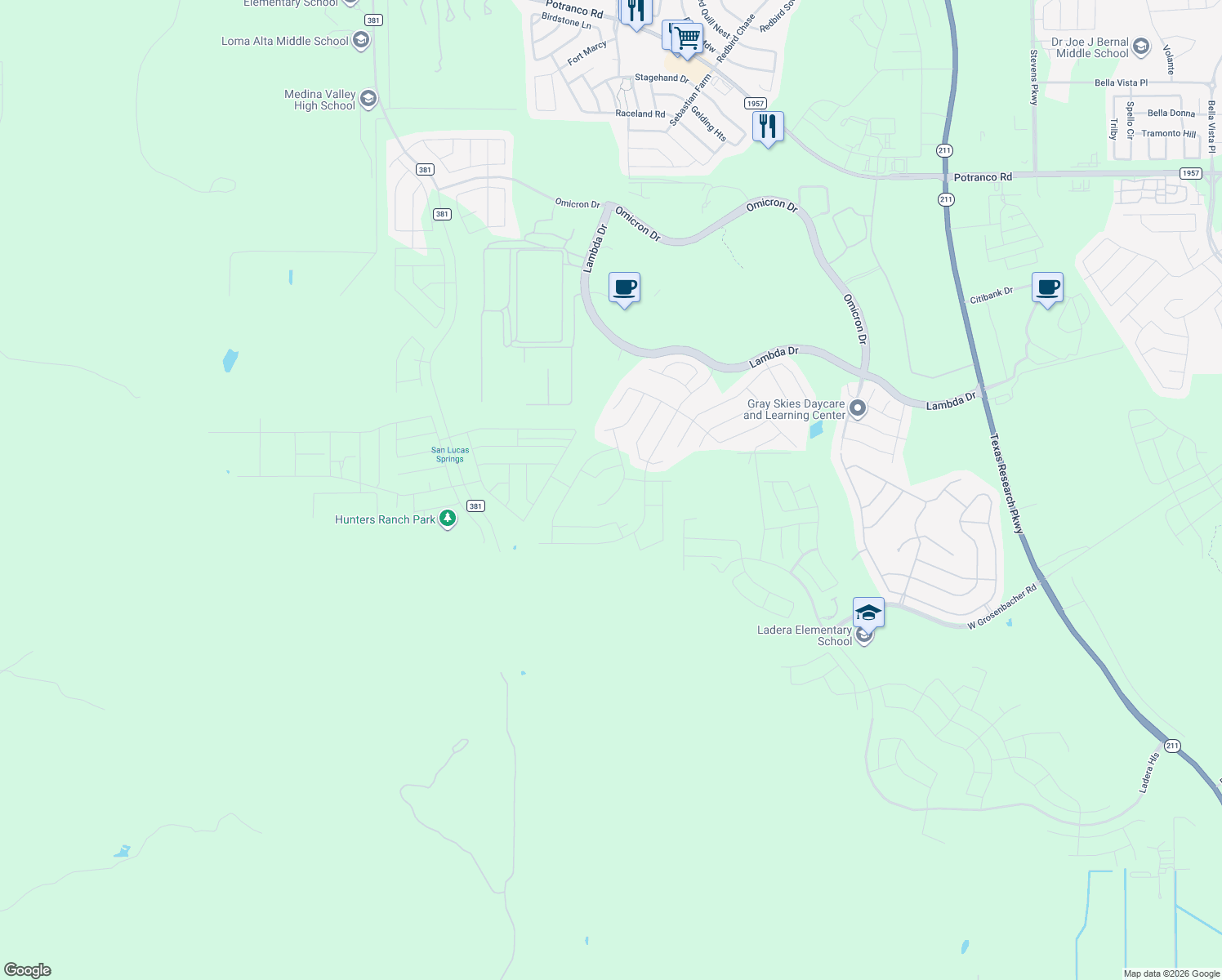 map of restaurants, bars, coffee shops, grocery stores, and more near 2107 Rhesus View in San Antonio