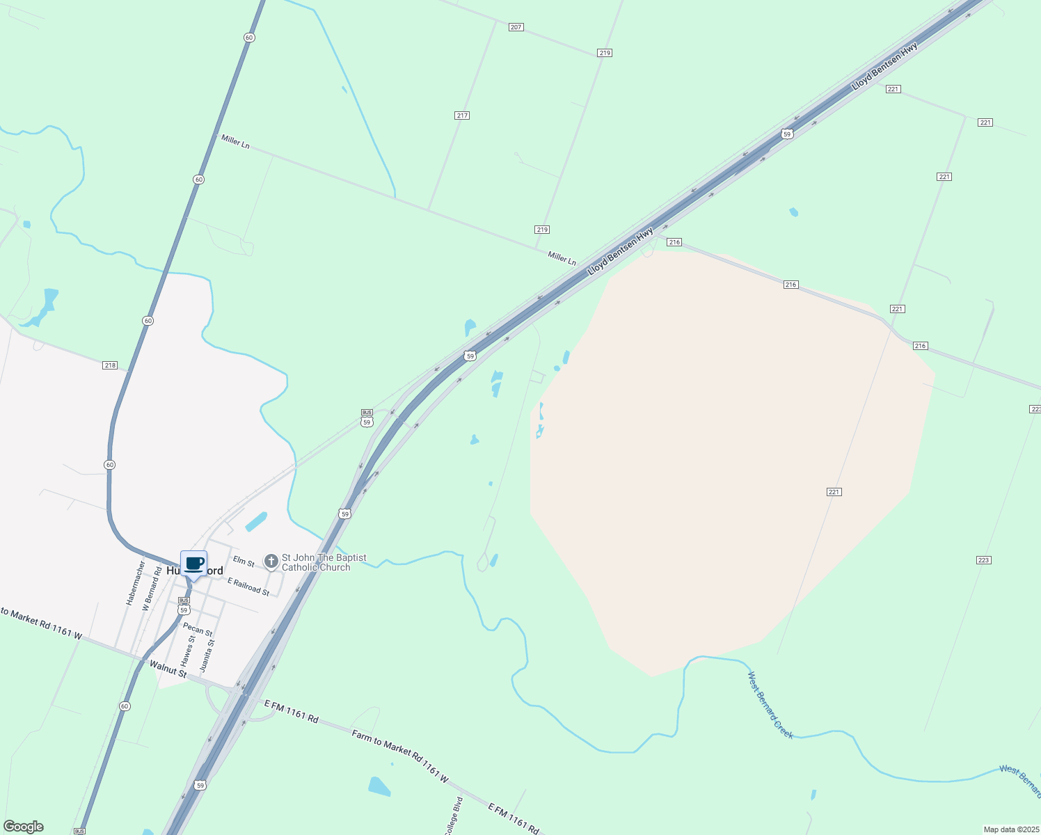 map of restaurants, bars, coffee shops, grocery stores, and more near Mesquite Hills Road in East Bernard