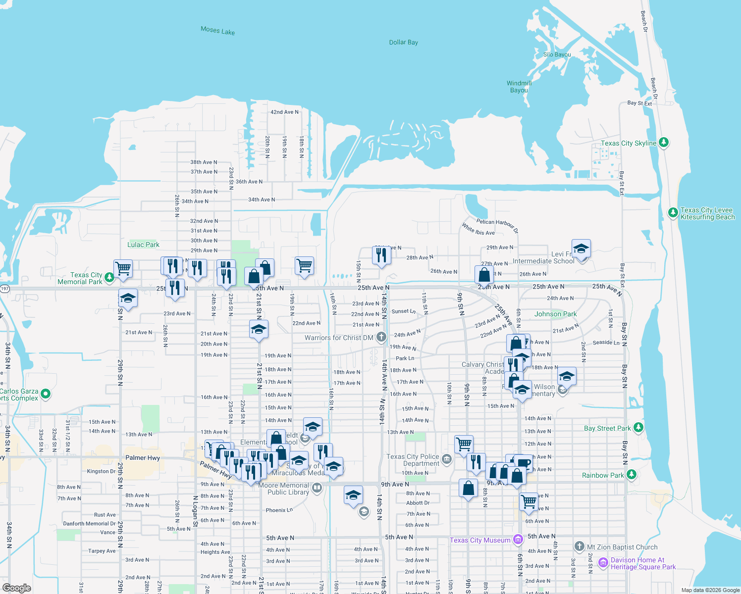 map of restaurants, bars, coffee shops, grocery stores, and more near 1420 23rd Avenue North in Texas City