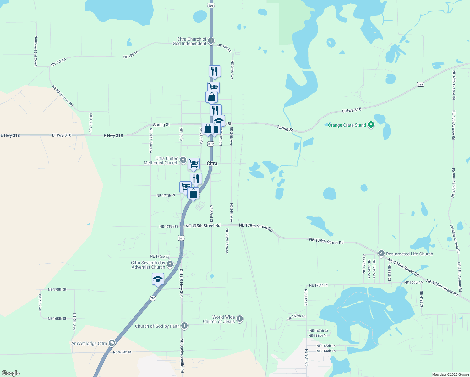 map of restaurants, bars, coffee shops, grocery stores, and more near 17785 Northeast 24th Avenue in Citra