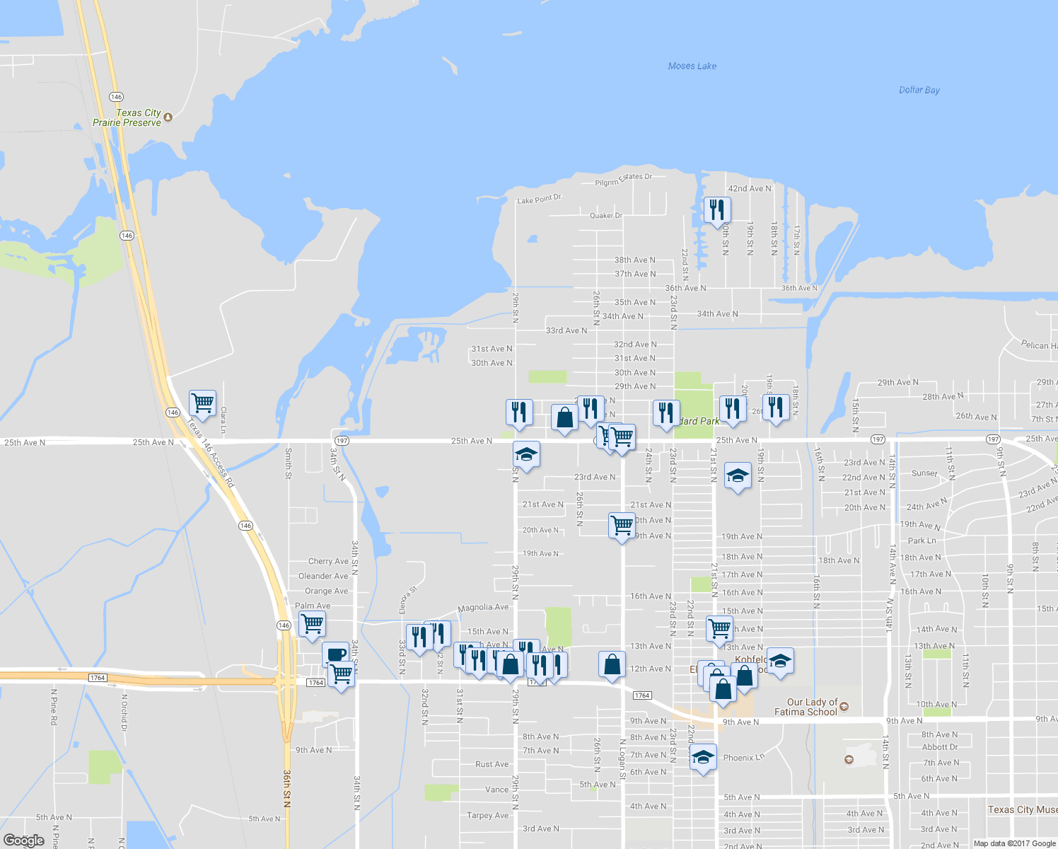 map of restaurants, bars, coffee shops, grocery stores, and more near 2818 26th Avenue North in Texas City