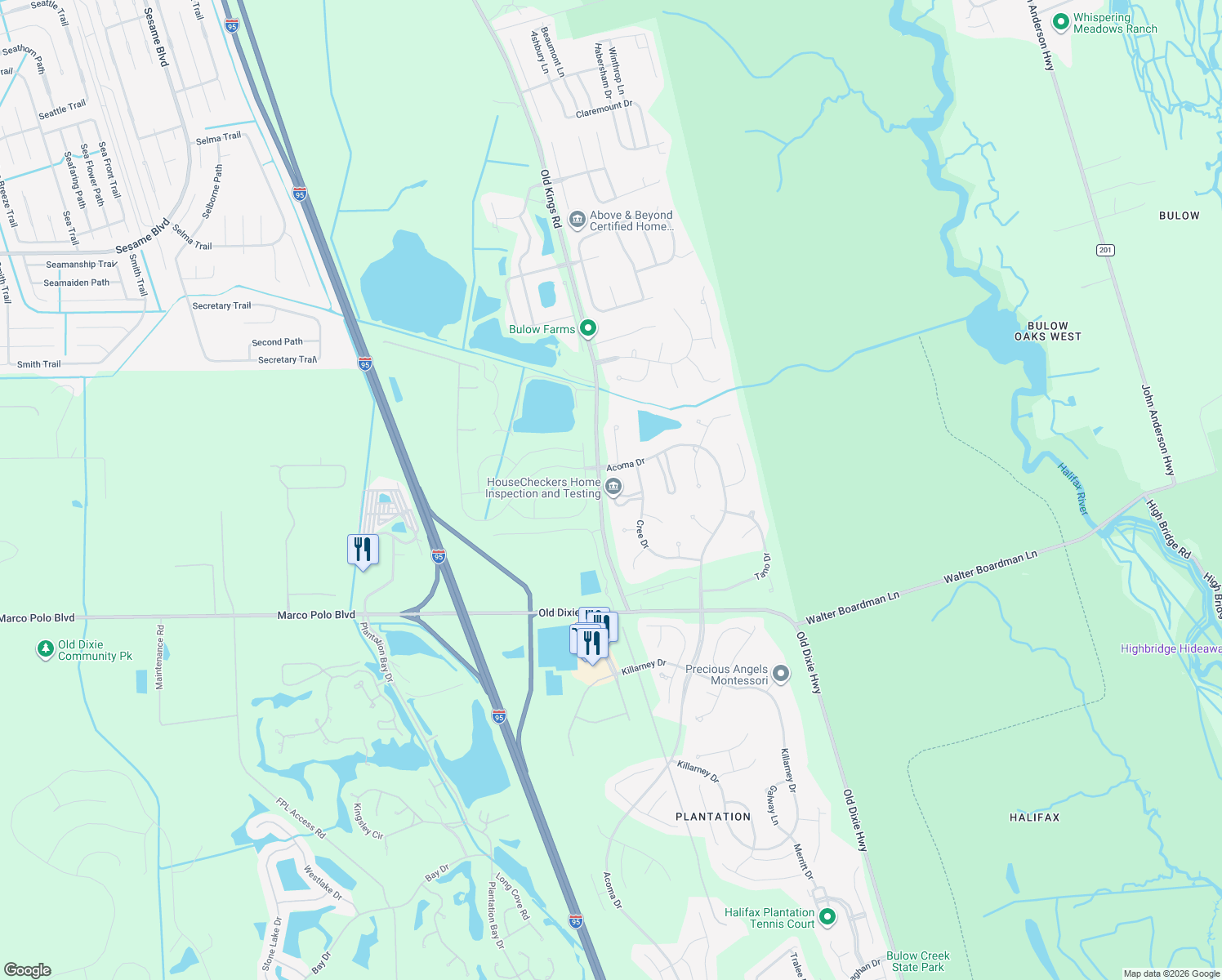 map of restaurants, bars, coffee shops, grocery stores, and more near 1495 Kenoa Circle in Ormond Beach