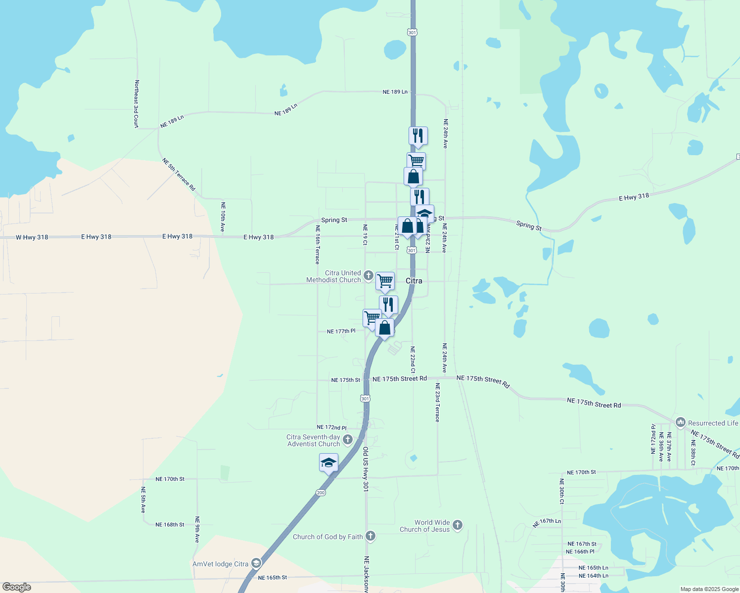 map of restaurants, bars, coffee shops, grocery stores, and more near 17959 Northeast 19 Court in Citra