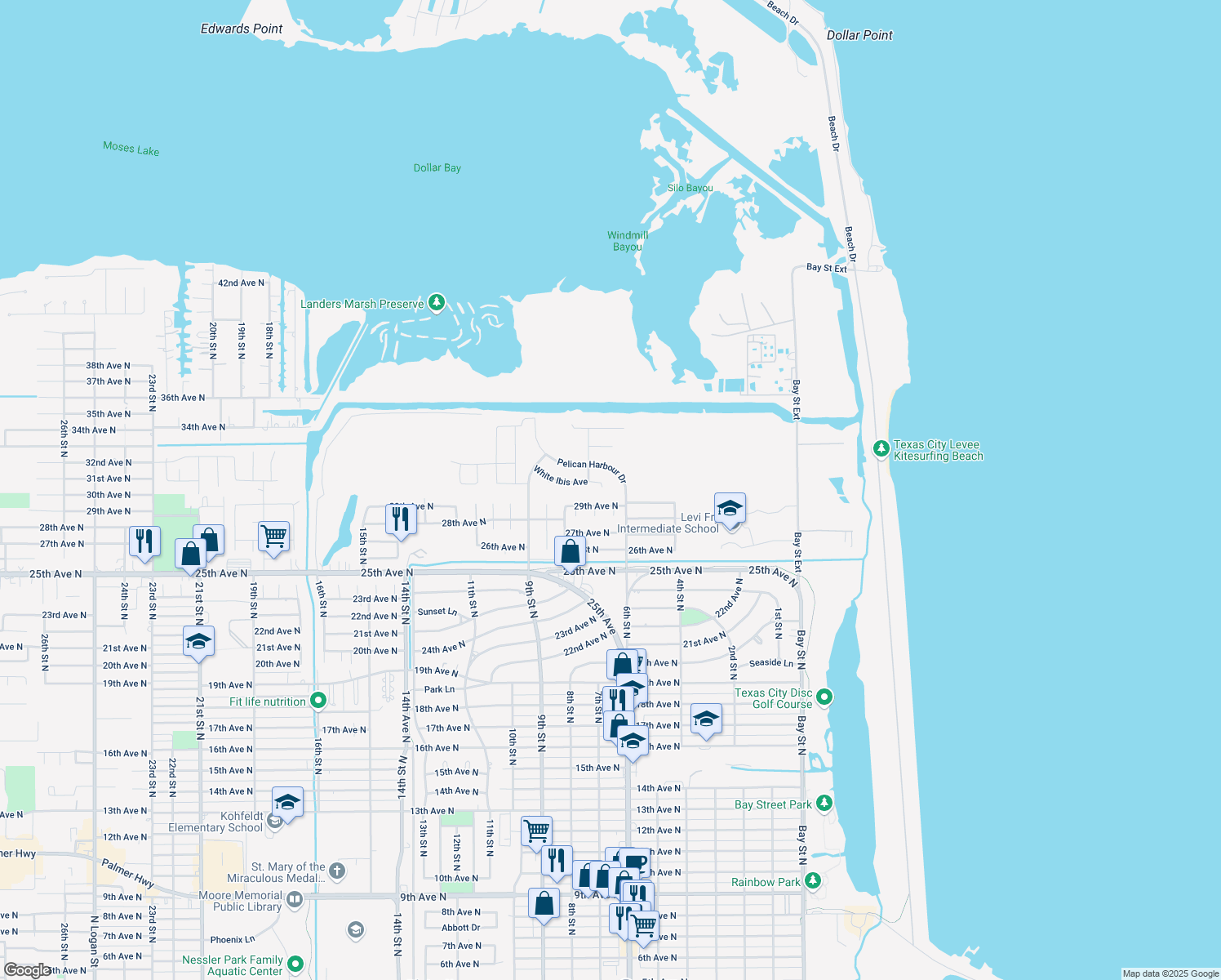 map of restaurants, bars, coffee shops, grocery stores, and more near 607 White Ibis Avenue in Texas City