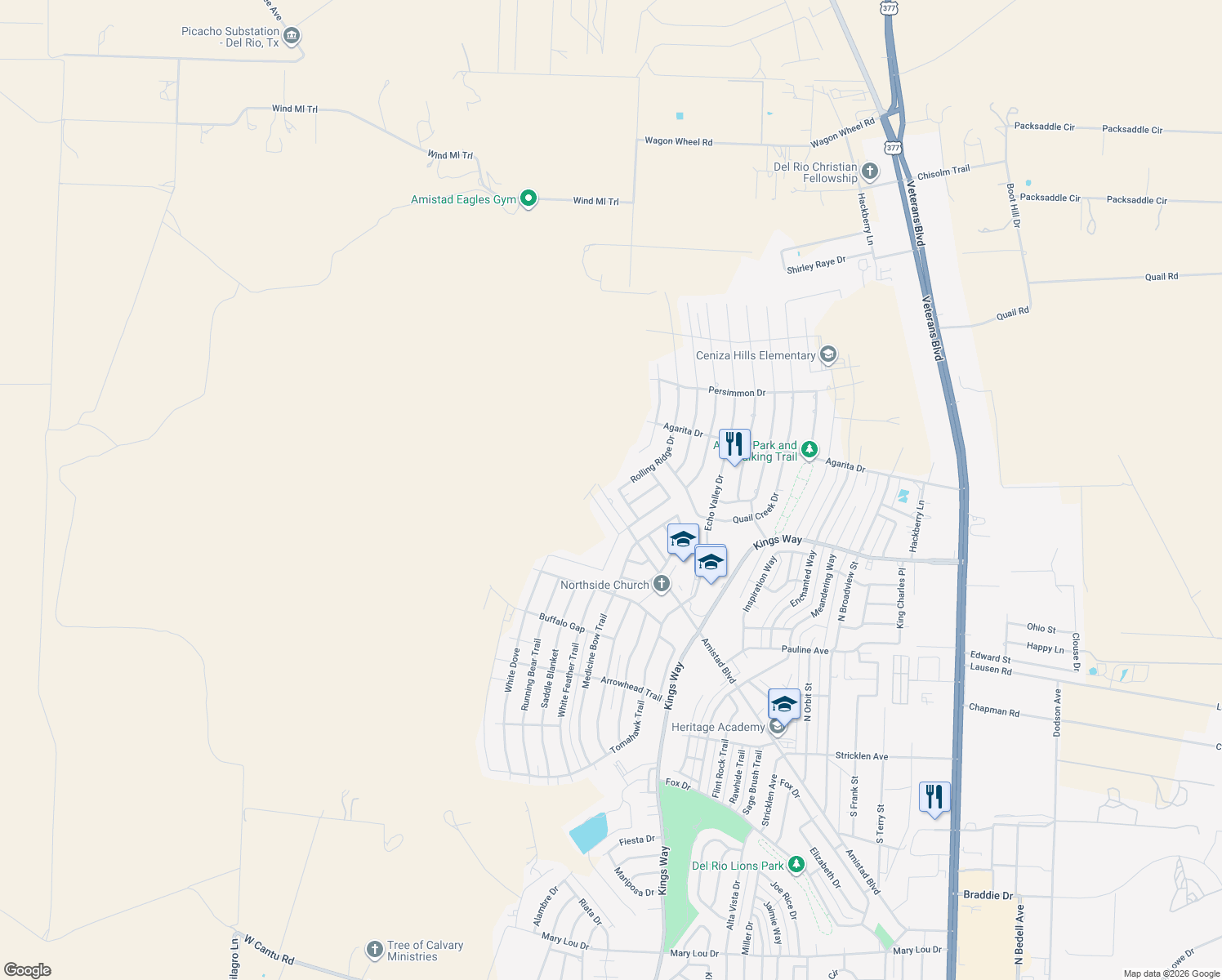 map of restaurants, bars, coffee shops, grocery stores, and more near 108 Rolling Ridge Drive in Del Rio