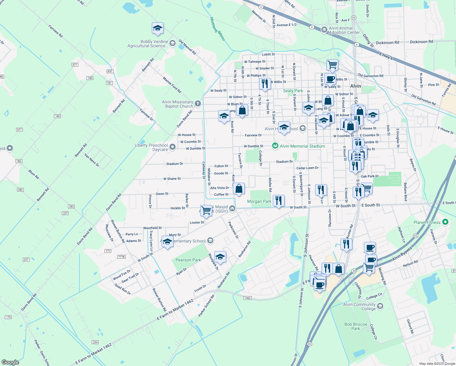 map of restaurants, bars, coffee shops, grocery stores, and more near 1717 Heather Ln in Alvin
