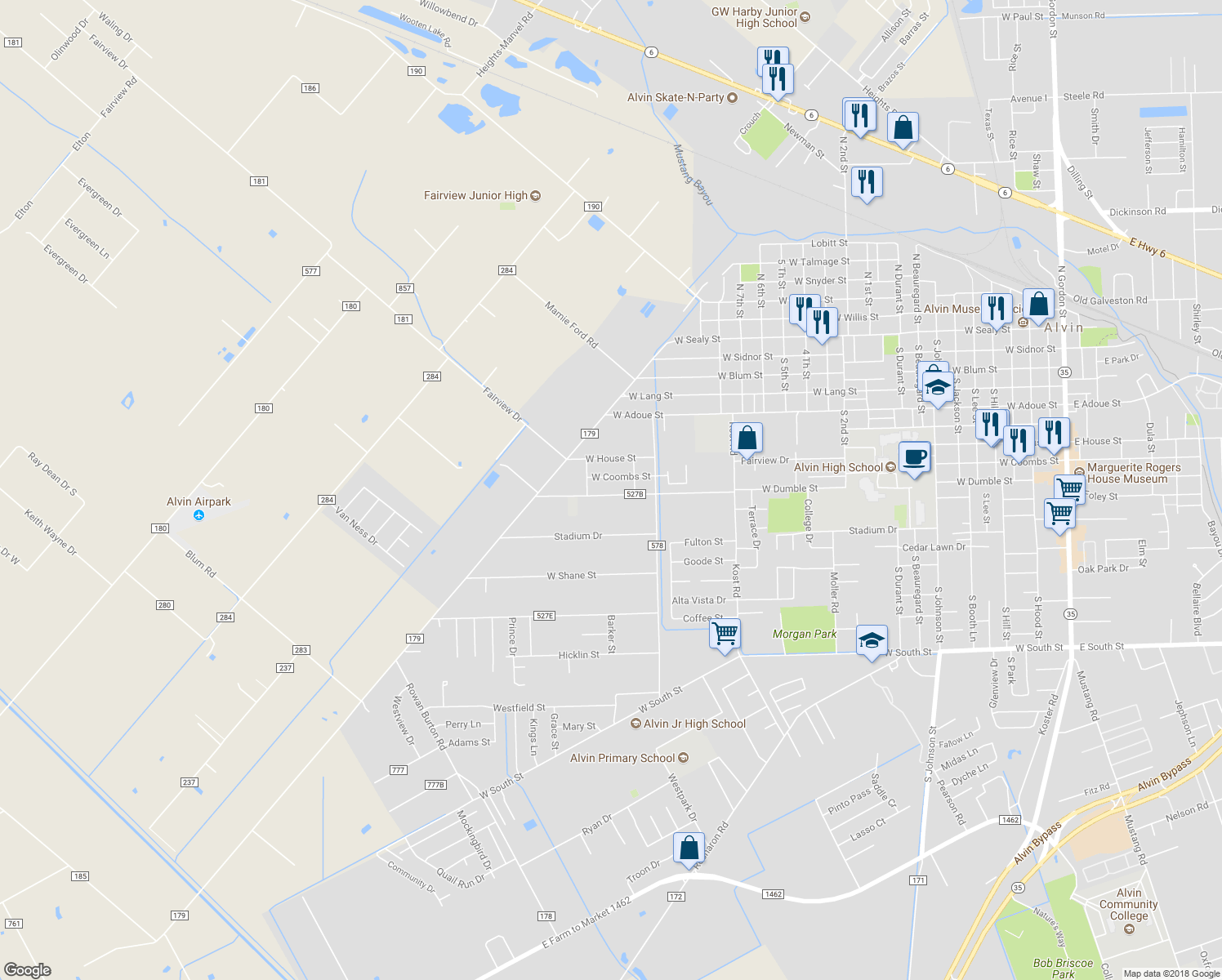 map of restaurants, bars, coffee shops, grocery stores, and more near 2330 West Dumble Street in Alvin