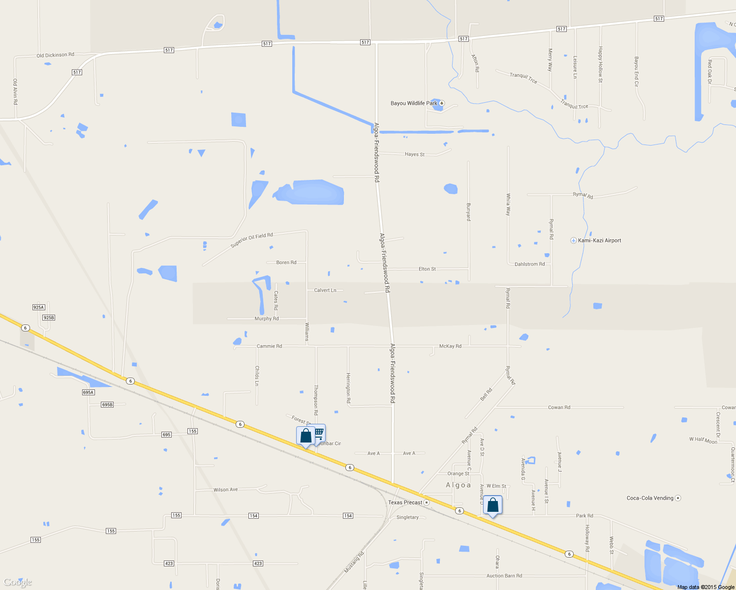 map of restaurants, bars, coffee shops, grocery stores, and more near 1403 Algoa-Friendswood Rd in Alvin