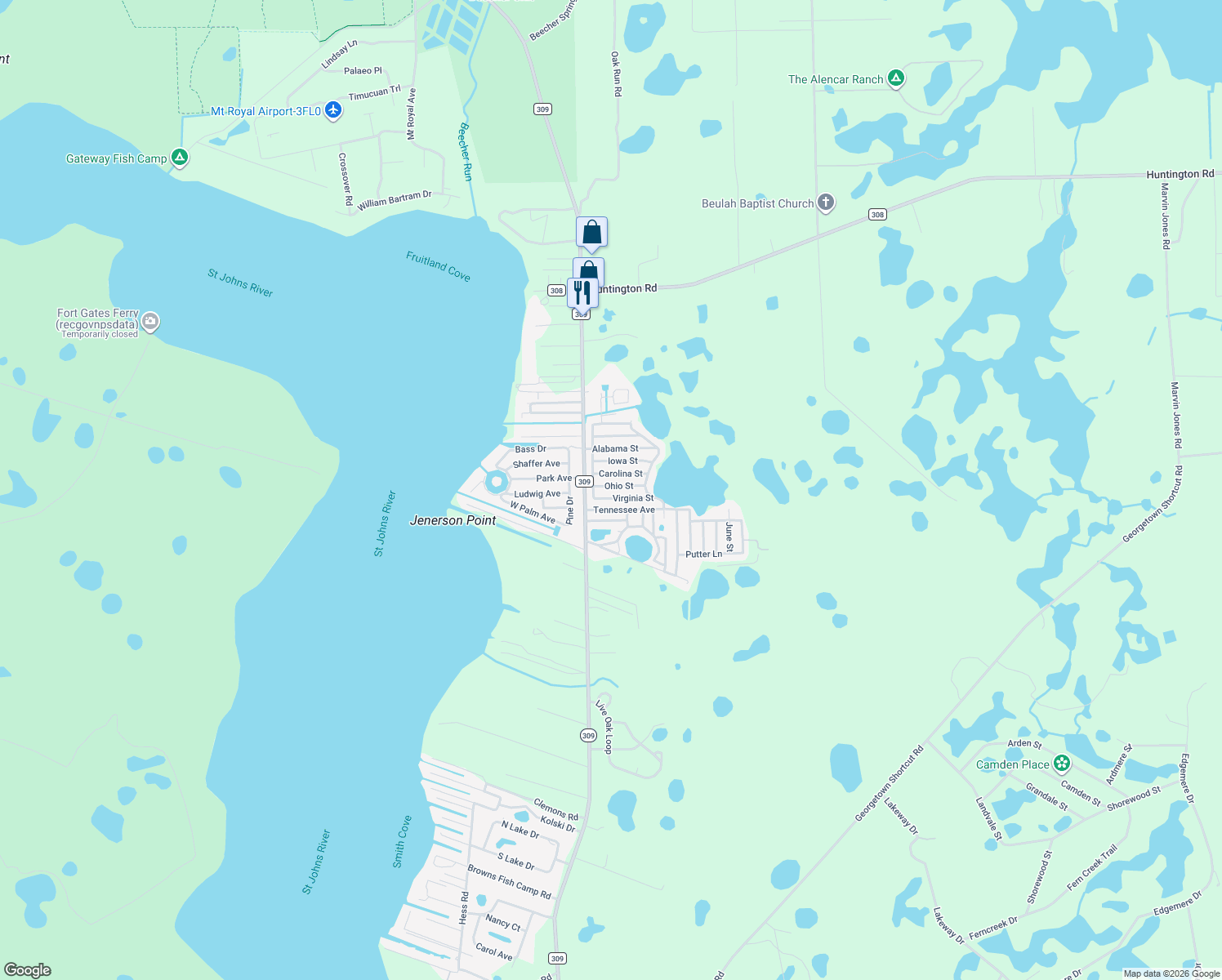 map of restaurants, bars, coffee shops, grocery stores, and more near 111 Ohio Street in Crescent City