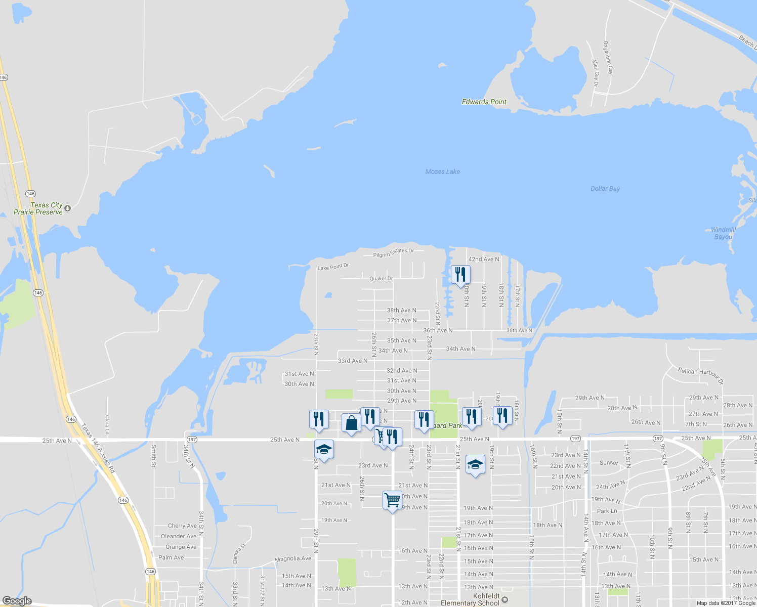map of restaurants, bars, coffee shops, grocery stores, and more near 2521 39th Avenue North in Texas City