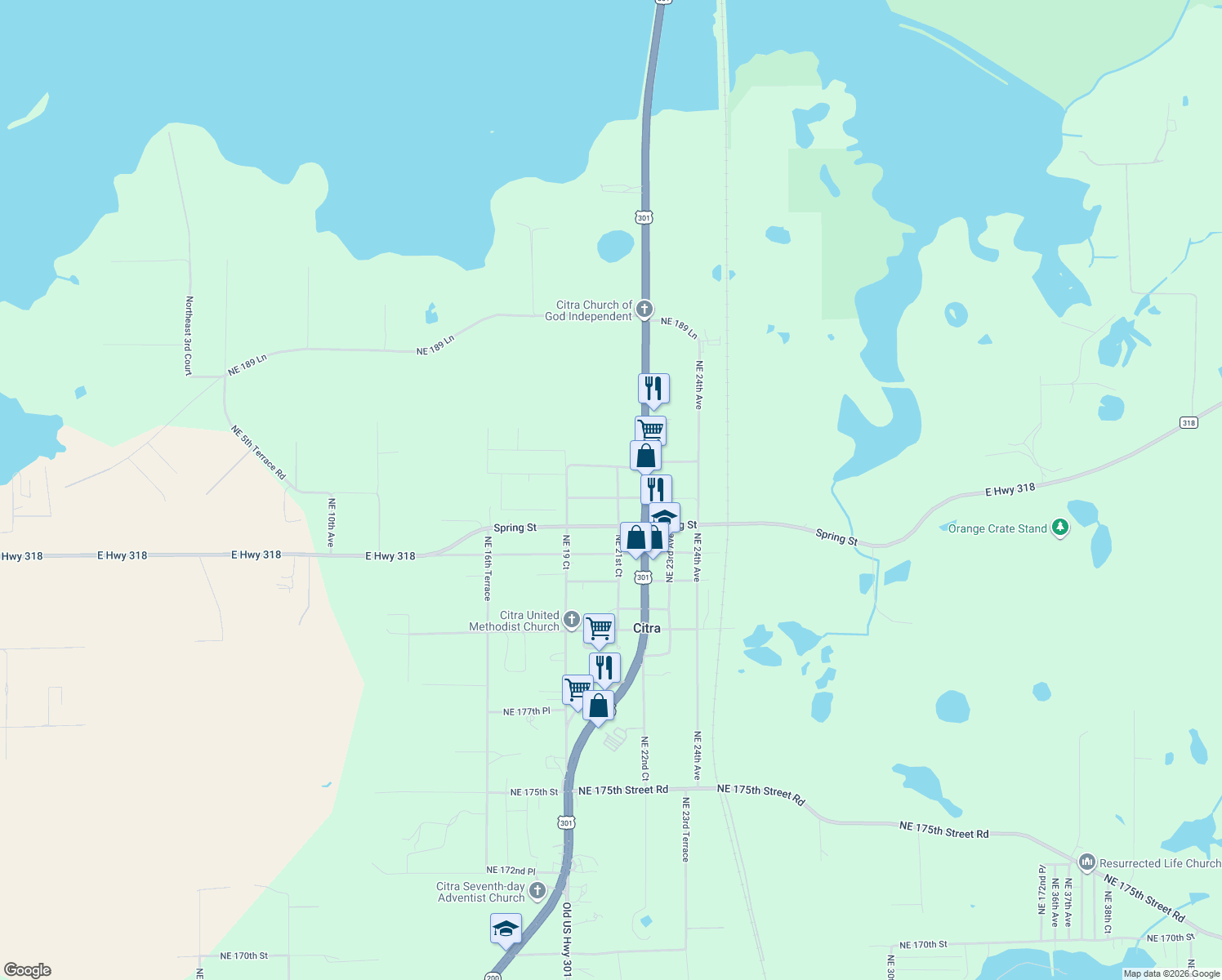 map of restaurants, bars, coffee shops, grocery stores, and more near 2115 Northeast 184th Street in Citra