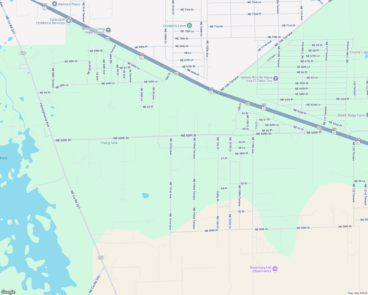 map of restaurants, bars, coffee shops, grocery stores, and more near 10261 Northeast 58th Lane in Bronson