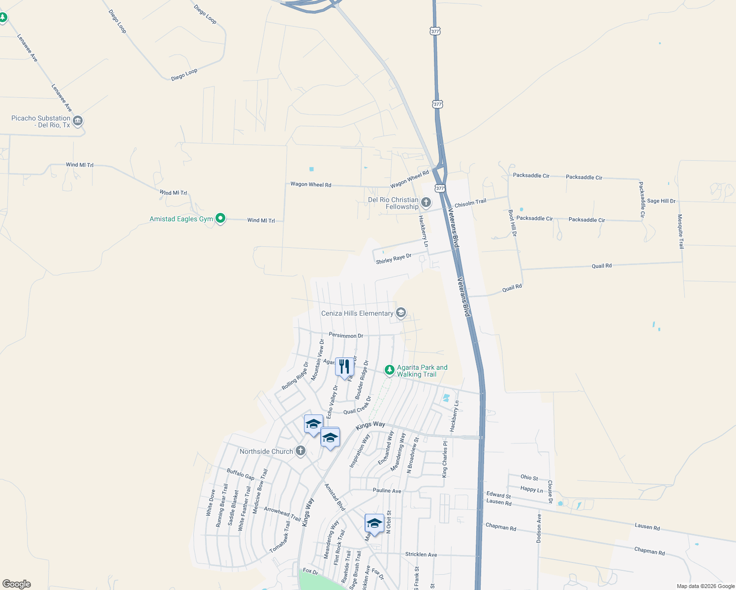 map of restaurants, bars, coffee shops, grocery stores, and more near 503 Boulder Ridge Street in Del Rio